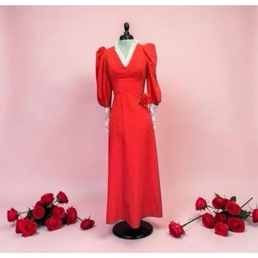 Vintage Red Prairie Maxi Dress ✨ Lace Trim Puff Sleeve Romantic Gown XS